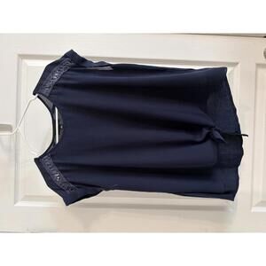 Fortune + Ivy Navy Blue Short Sleeve Top with Tie Front Detail, Size Large